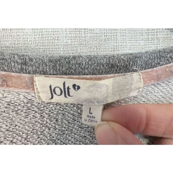 Jolt Grey, Beige, and Pink Long Sleeve Crewneck With Lace Front - Picture 2 of 4